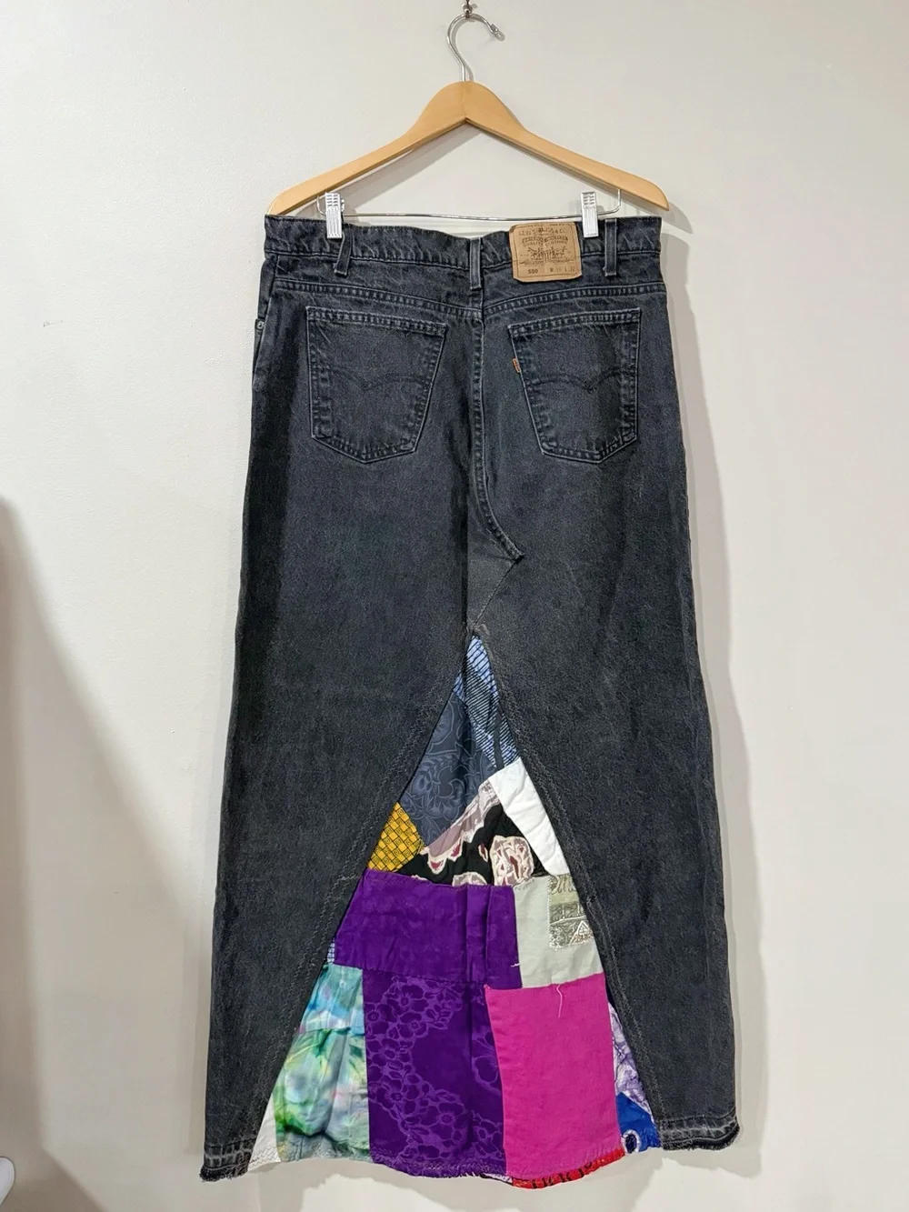 Vintage Levi's 550 Men's 38x32 Black Denim Patchwork Maxi Skirt Grunge Y2K